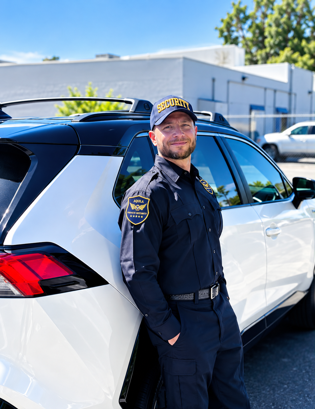 Aquila Private Security officer beside a marked patrol vehicle