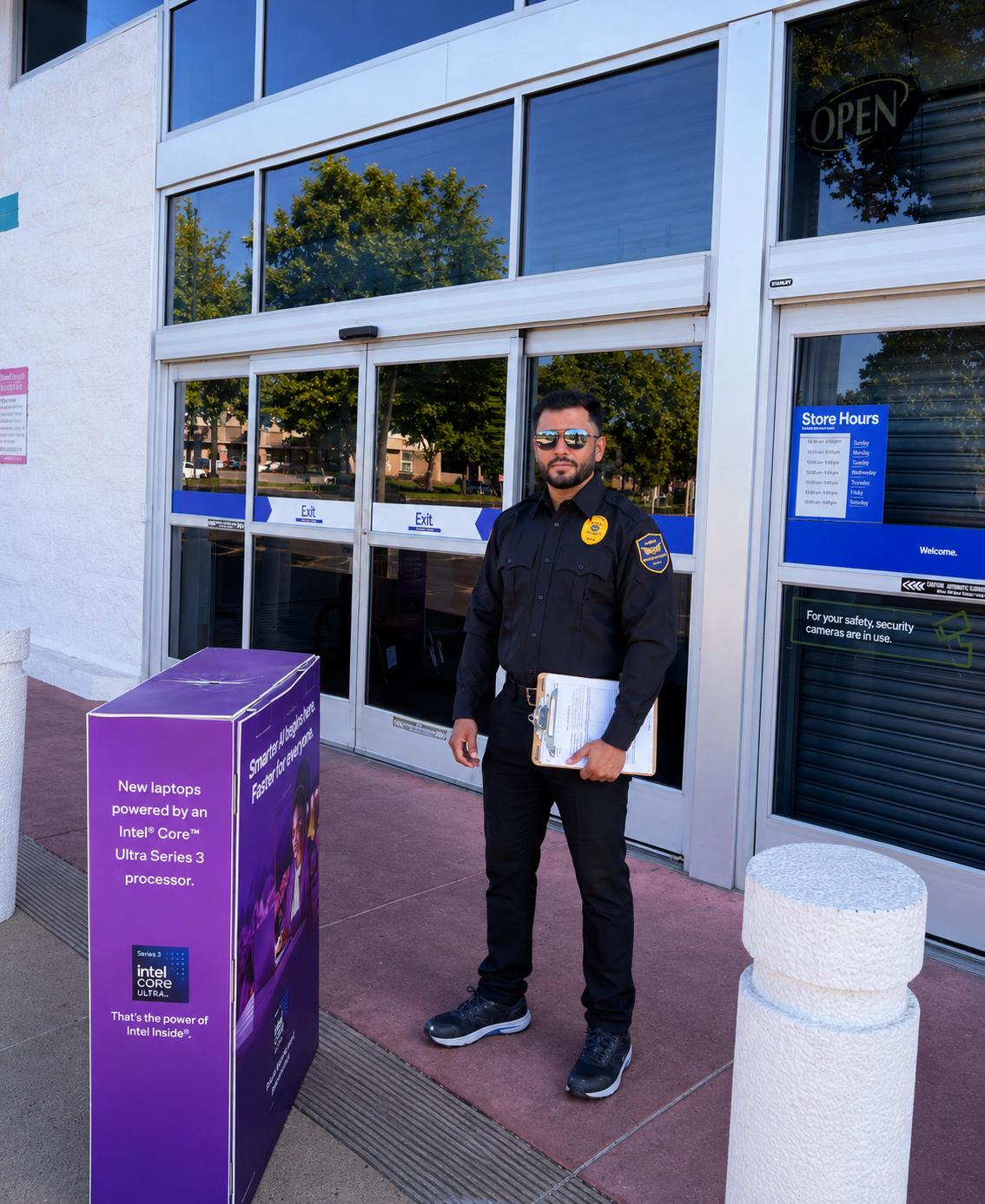 Aquila security officer with clipboard documenting observations at a commercial property